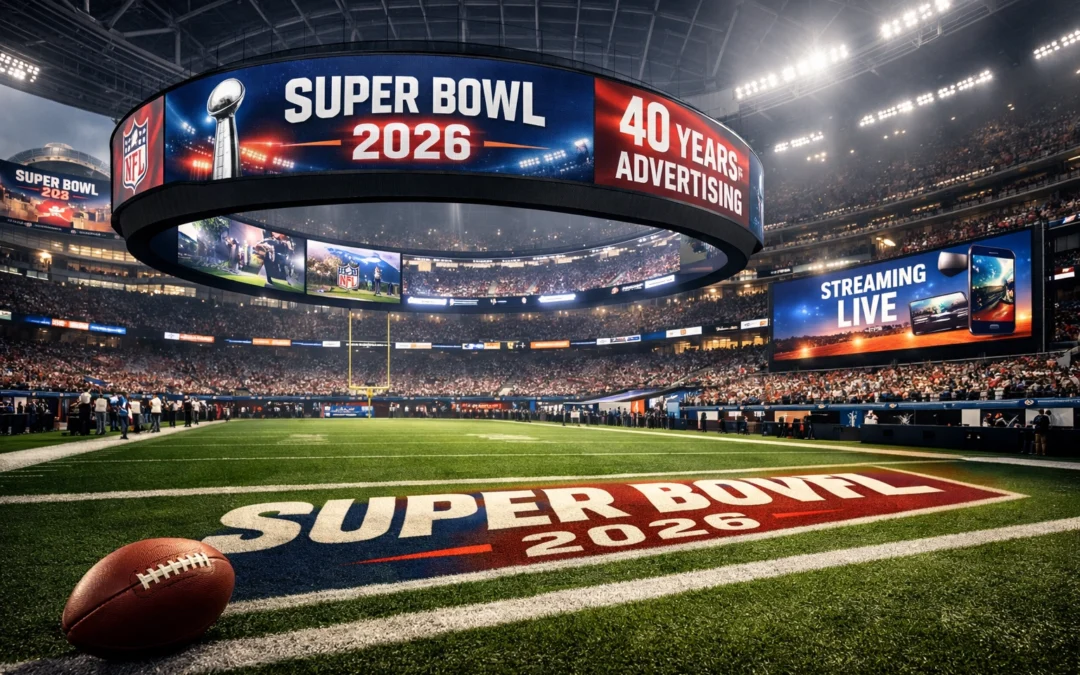 The Ultimate Guide to Super Bowl 2026 Advertising: 40 Years of Venue-Wide Coverage from Stadium Floors to Digital Billboards